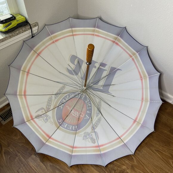 Miller Lite Beer Logo Wooden Handle Large Umbrella Parasol 50 In Dia - Picture 2 of 3